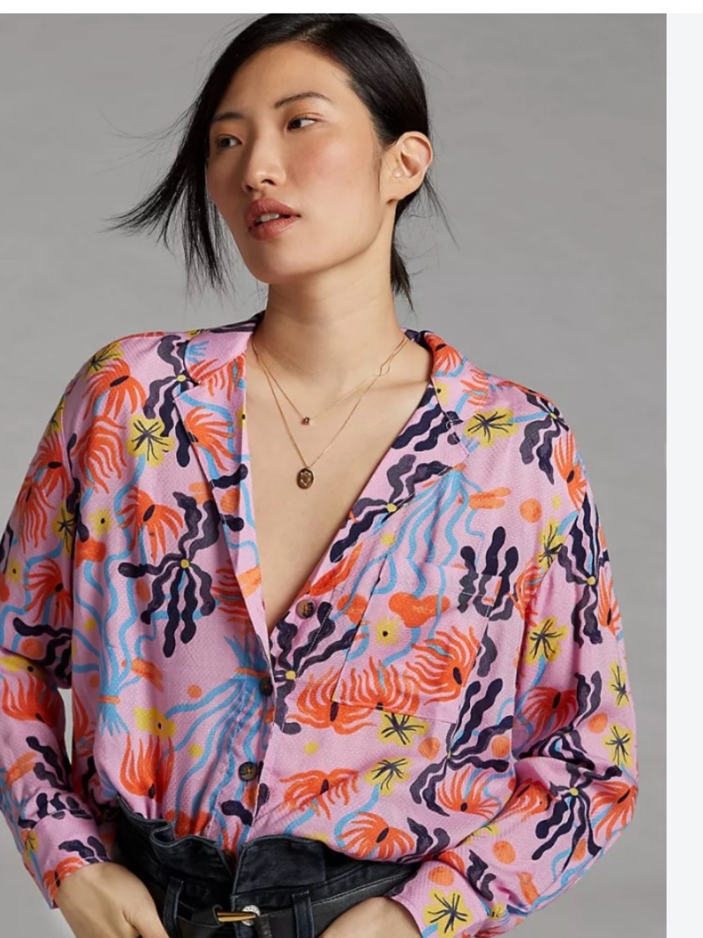 Maeve Pink Multicolor Floral-Print Button-Down Shirt